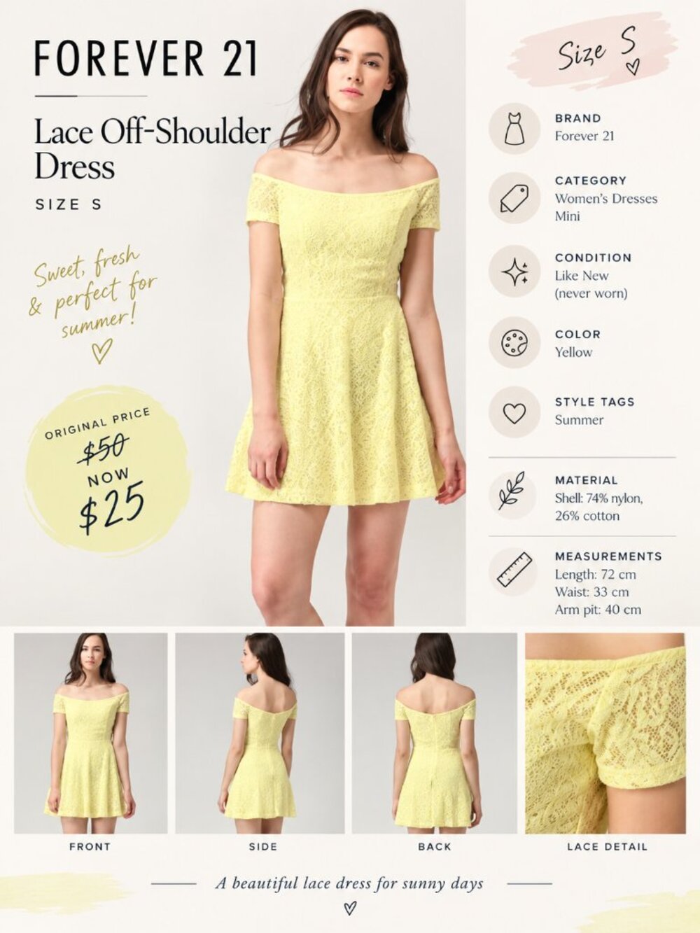 NEW! FOREVER 21 Light Yellow Lace Off-Shoulder Dress SIZE S